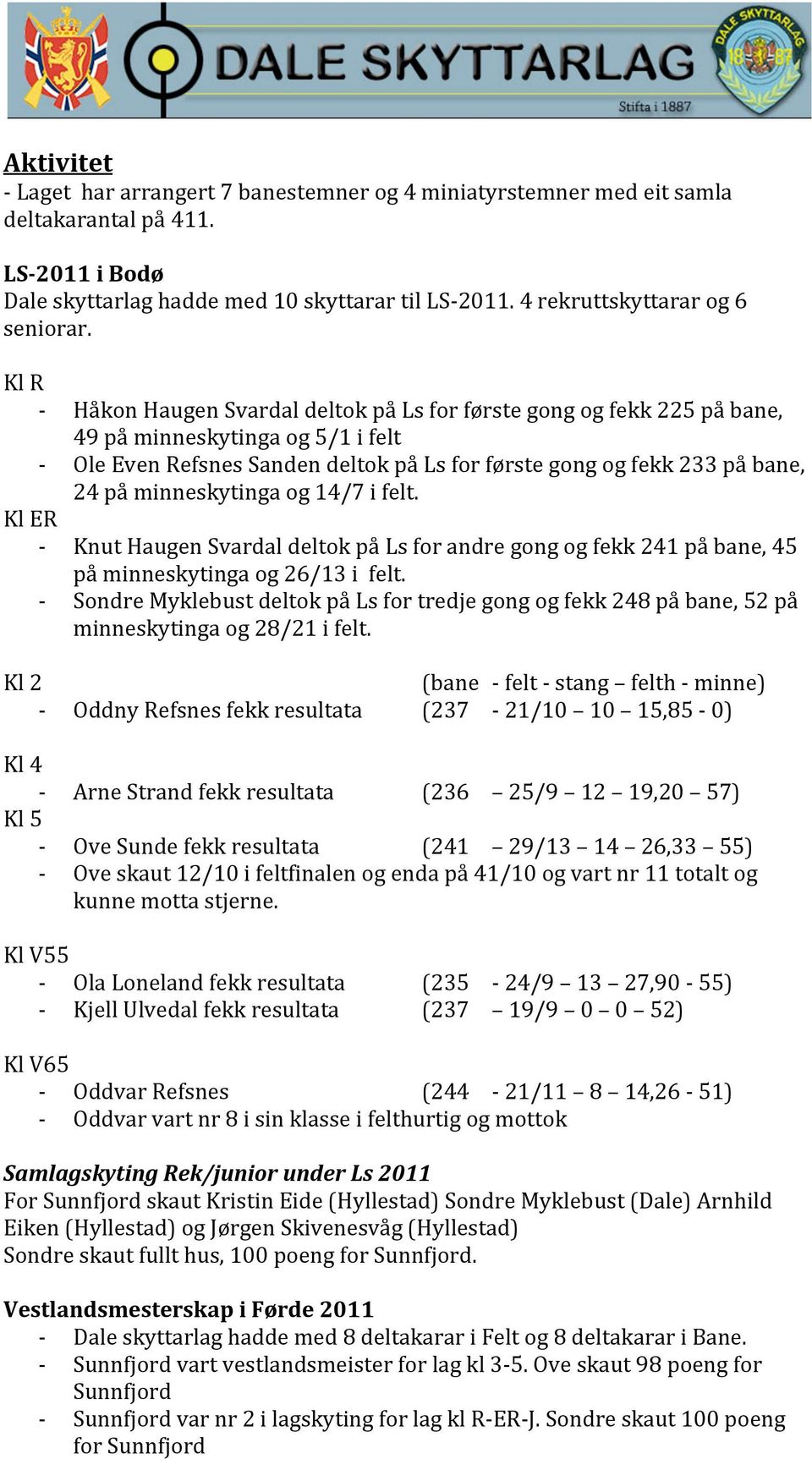 KlER KnutHaugenSvardaldeltokpåLsforandregongogfekk241påbane,45 påminneskytingaog26/13ifelt. SondreMyklebustdeltokpåLsfortredjegongogfekk248påbane,52på minneskytingaog28/21ifelt.