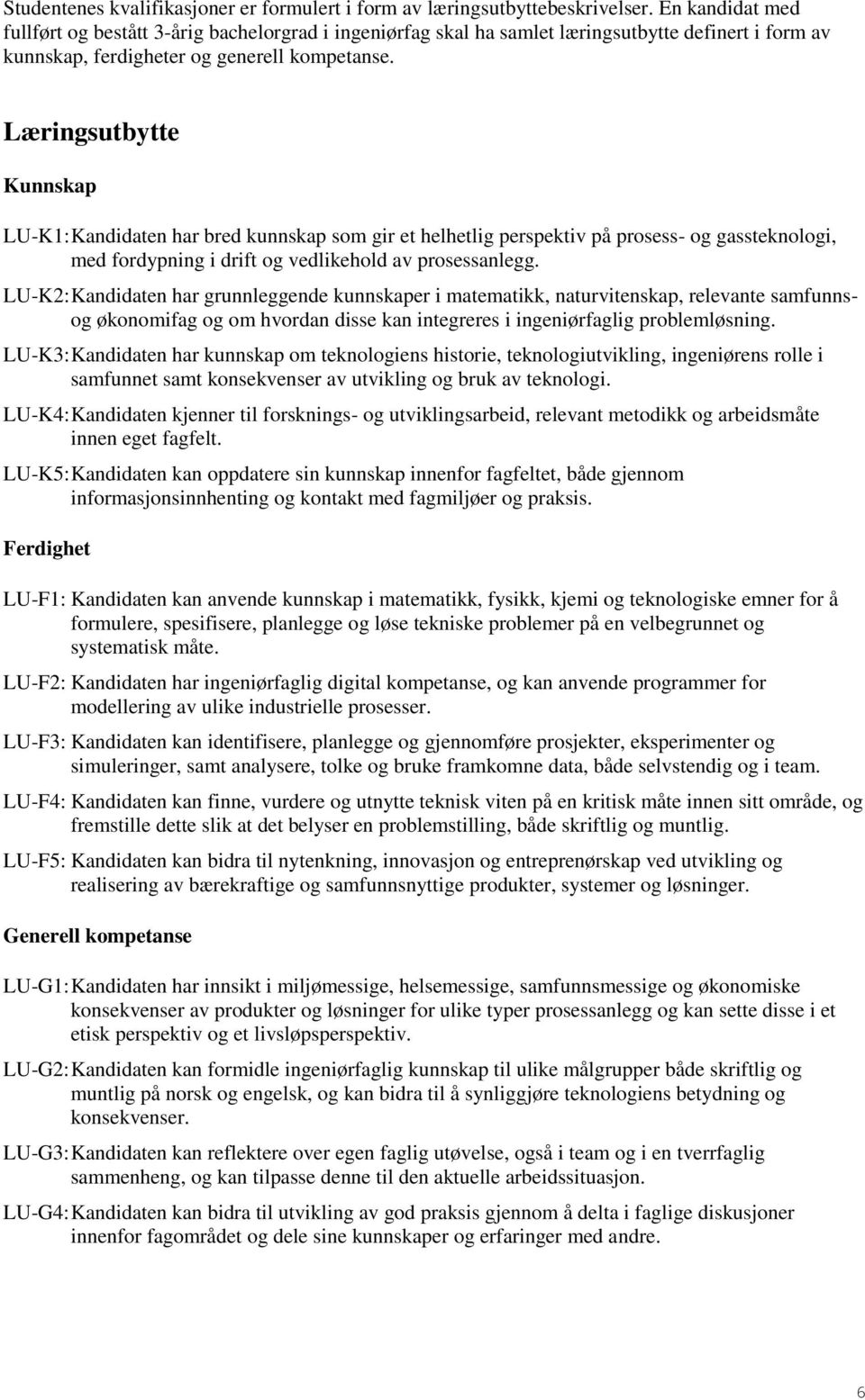 Læringsutbytte Kunnskap LU-K1: Kandidaten har bred kunnskap som gir et helhetlig perspektiv på prosess- og gassteknologi, med fordypning i drift og vedlikehold av prosessanlegg.
