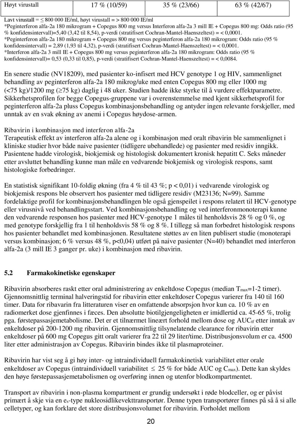 *Peginterferon alfa-2a + 800 mg versus peginterferon alfa-2a : Odds ratio (95 % konfidensintervall) = 2,89 (1,93 til 4,32), p-verdi (stratifisert Cochran-Mantel-Haenszeltest) = < 0,0001.