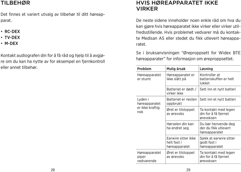 hvis høreapparatet ikke virker De neste sidene inneholder noen enkle råd om hva du kan gjøre hvis høreapparatet ikke virker eller virker utilfredsstillende.