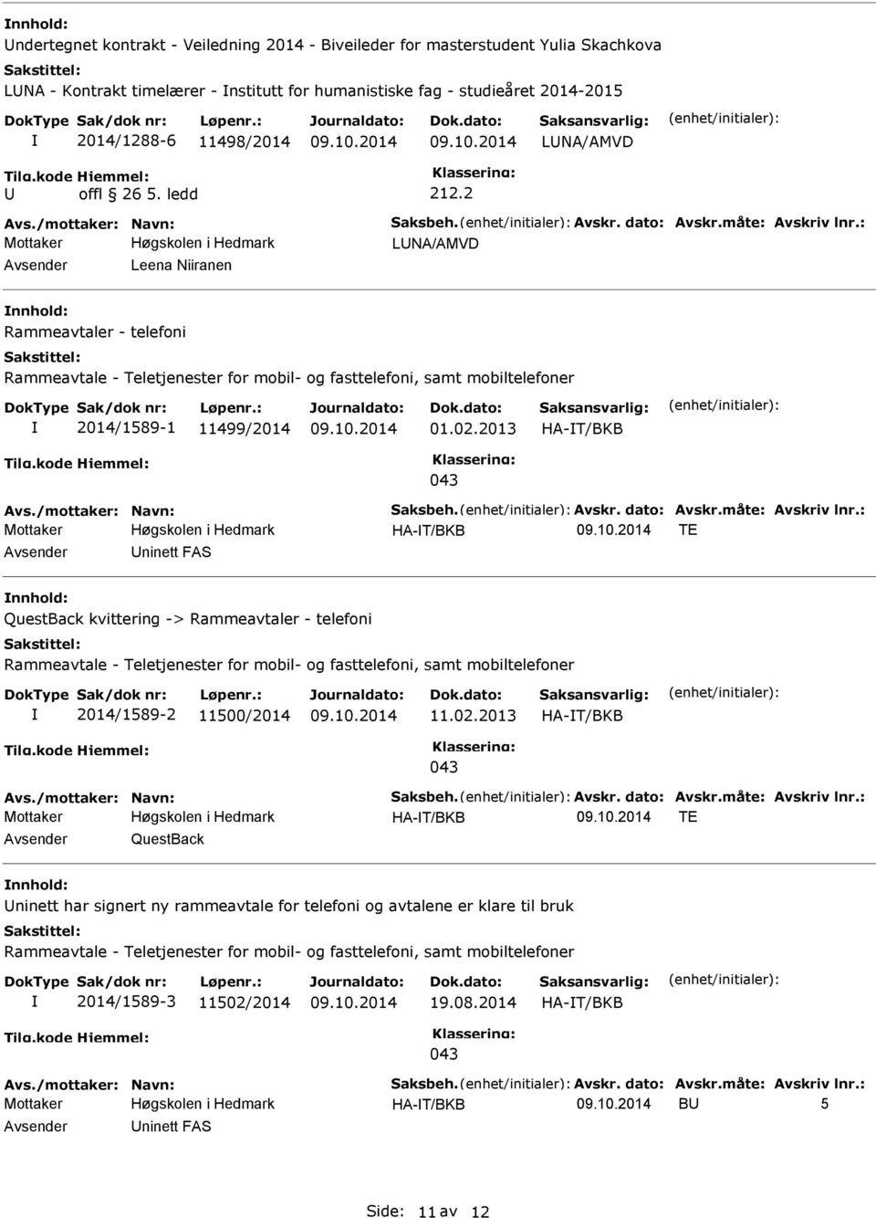 : LNA/AMVD Leena Niiranen Rammeavtaler - telefoni Rammeavtale - Teletjenester for mobil- og fasttelefoni, samt mobiltelefoner 2014/1589-1 11499/2014 01.02.2013 HA-T/BKB 043 Avs.