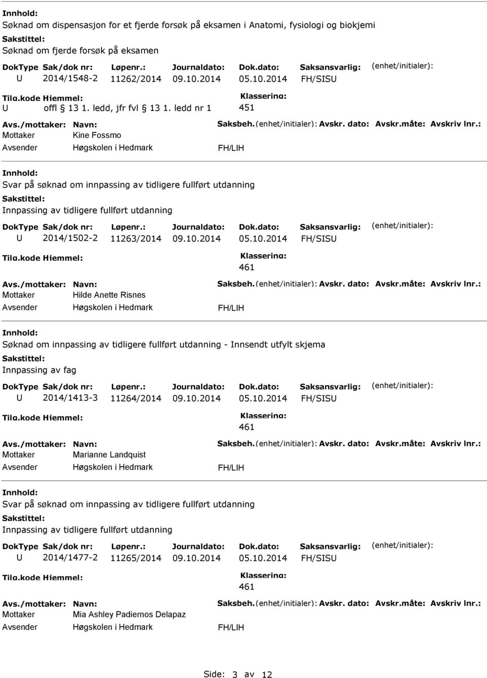 2014 FH/SS 461 Avs./mottaker: Navn: Saksbeh. Avskr. dato: Avskr.måte: Avskriv lnr.