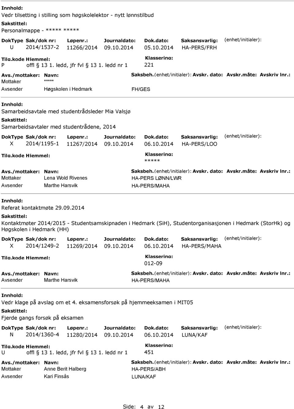 /mottaker: Navn: Saksbeh. Avskr. dato: Avskr.måte: Avskriv lnr.: Mottaker Lena Wold Rivenes HA-PERS LØNN/LWR Marthe Harsvik HA-PERS/MAHA Referat kontaktmøte 29.09.