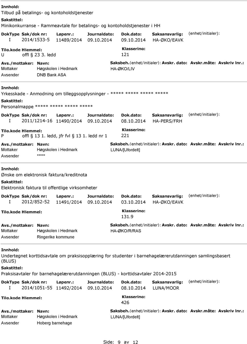 : HA-ØKO/LV DNB Bank ASA Yrkesskade - Anmodning om tilleggsopplysninger - ***** ***** ***** ***** Personalmappe ***** ***** ***** ***** 2011/1214-16 11490/2014 HA-PERS/FRH P 221 Avs.