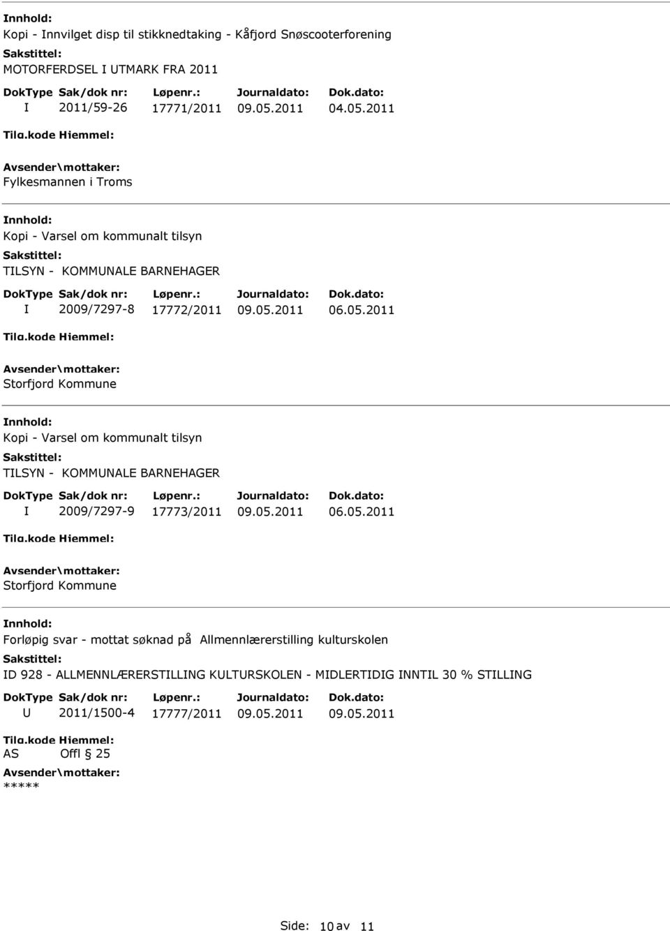 kommunalt tilsyn TLSYN - KOMMNALE BARNEHAGER 2009/7297-9 17773/2011 Storfjord Kommune Forløpig svar - mottat søknad på