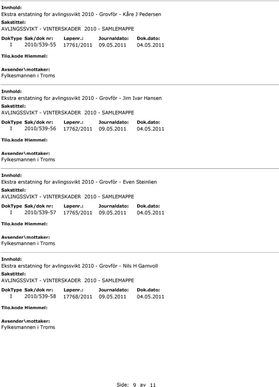 Ekstra erstatning for avlingssvikt 2010 - Grovfòr - Even Steinlien AVLNGSSVKT - VNTERSKADER 2010 - SAMLEMAPPE 2010/539-57 17765/2011