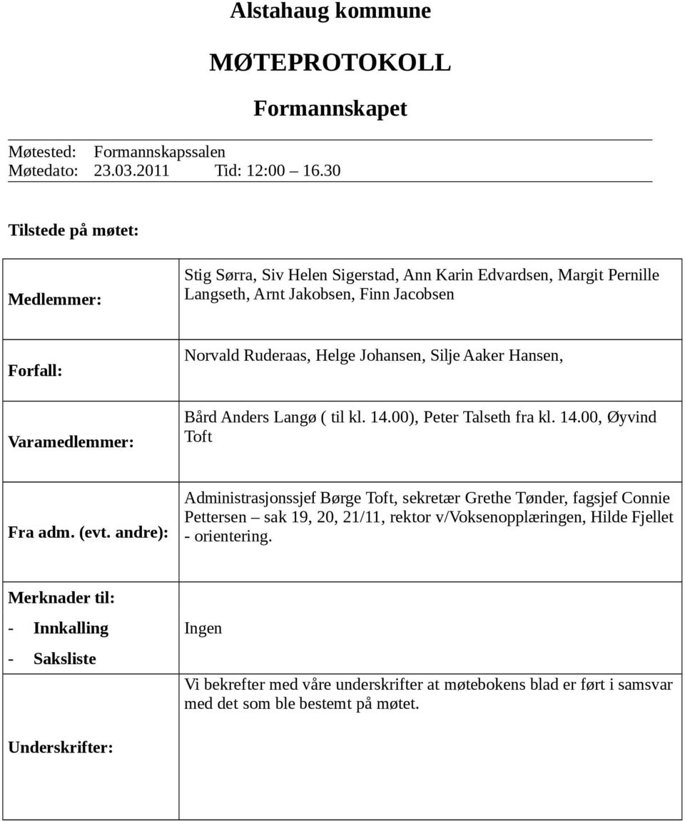 Helge Johansen, Silje Aaker Hansen, Bård Anders Langø ( til kl. 14.00), Peter Talseth fra kl. 14.00, Øyvind Toft Fra adm. (evt.