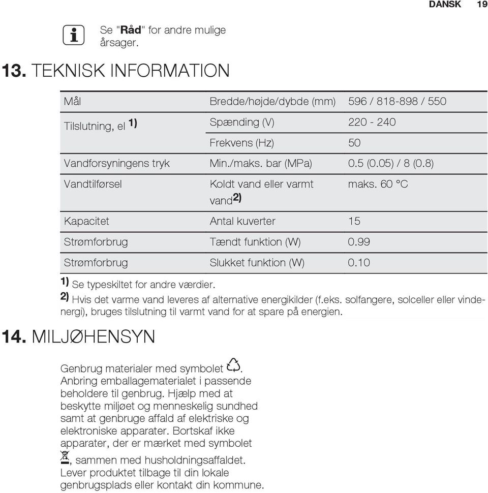 10 1) Se typeskiltet for andre værdier. 2) Hvis det varme vand leveres af alternative energikilder (f.eks.