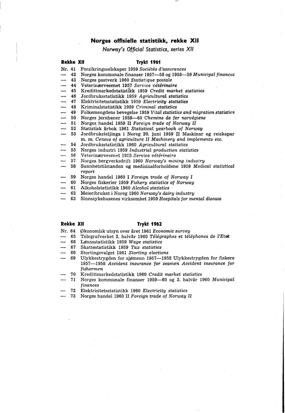 Service veterinaire 45 Kredittmarkedstatistikk 1959 Credit market statistics - 46 Jordbruksstatistikk 1959 Agricultural statistics - 47 Elektrisitetsstatistikk 1959 Electricity statistics - 48