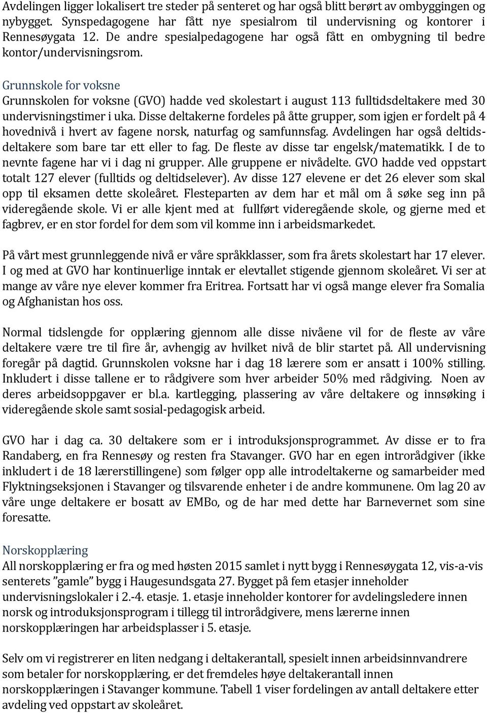 Grunnskole for voksne Grunnskolen for voksne (GVO) hadde ved skolestart i august 113 fulltidsdeltakere med 30 undervisningstimer i uka.