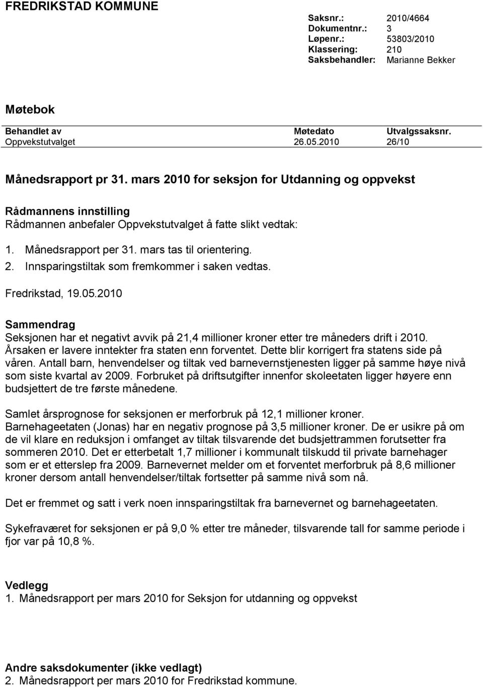 mars tas til orientering. 2. Innsparingstiltak som fremkommer i saken vedtas. Fredrikstad, 19.05.