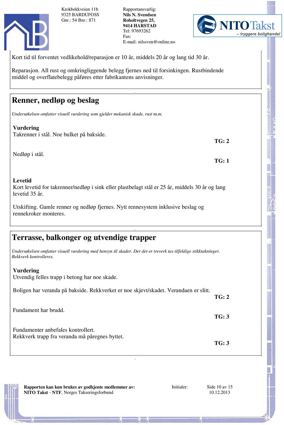 som gjelder mekanisk skade, rust mm Takrenner i stål Noe bulket på bakside Nedløp i stål TG: 2 TG: 1 Levetid Kort levetid for takrenner/nedløp i sink eller plastbelagt stål er 25 år, middels 30 år og