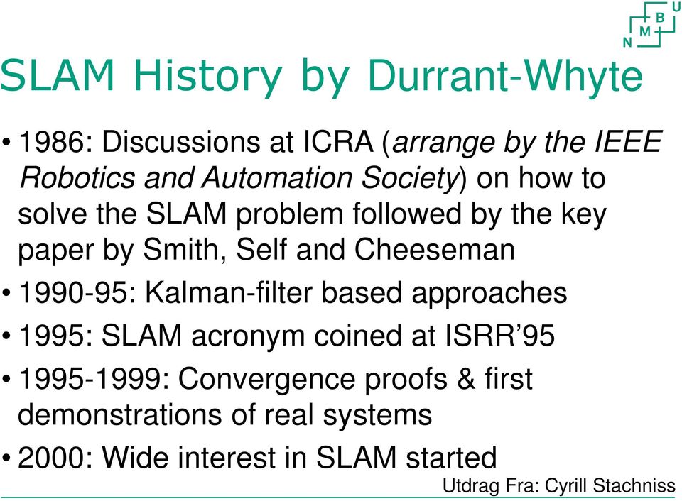 1990-95: Kalman-filter based approaches 1995: SLAM acronym coined at ISRR 95 1995-1999: Convergence