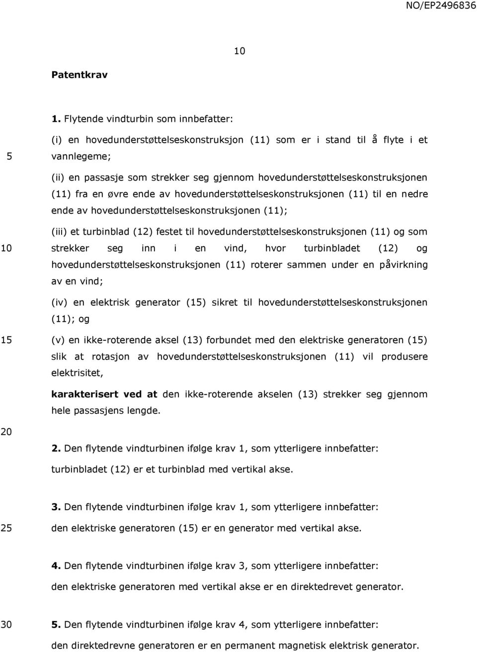 hovedunderstøttelseskonstruksjonen (11) fra en øvre ende av hovedunderstøttelseskonstruksjonen (11) til en nedre ende av hovedunderstøttelseskonstruksjonen (11); (iii) et turbinblad (12) festet til