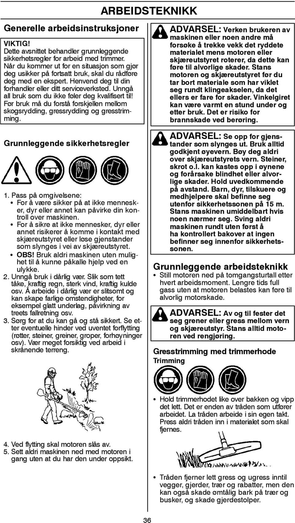 Unngå all bruk som du ikke føler deg kvalifisert til! Før bruk må du forstå forskjellen mellom skogsrydding, gressrydding og gresstrimming.