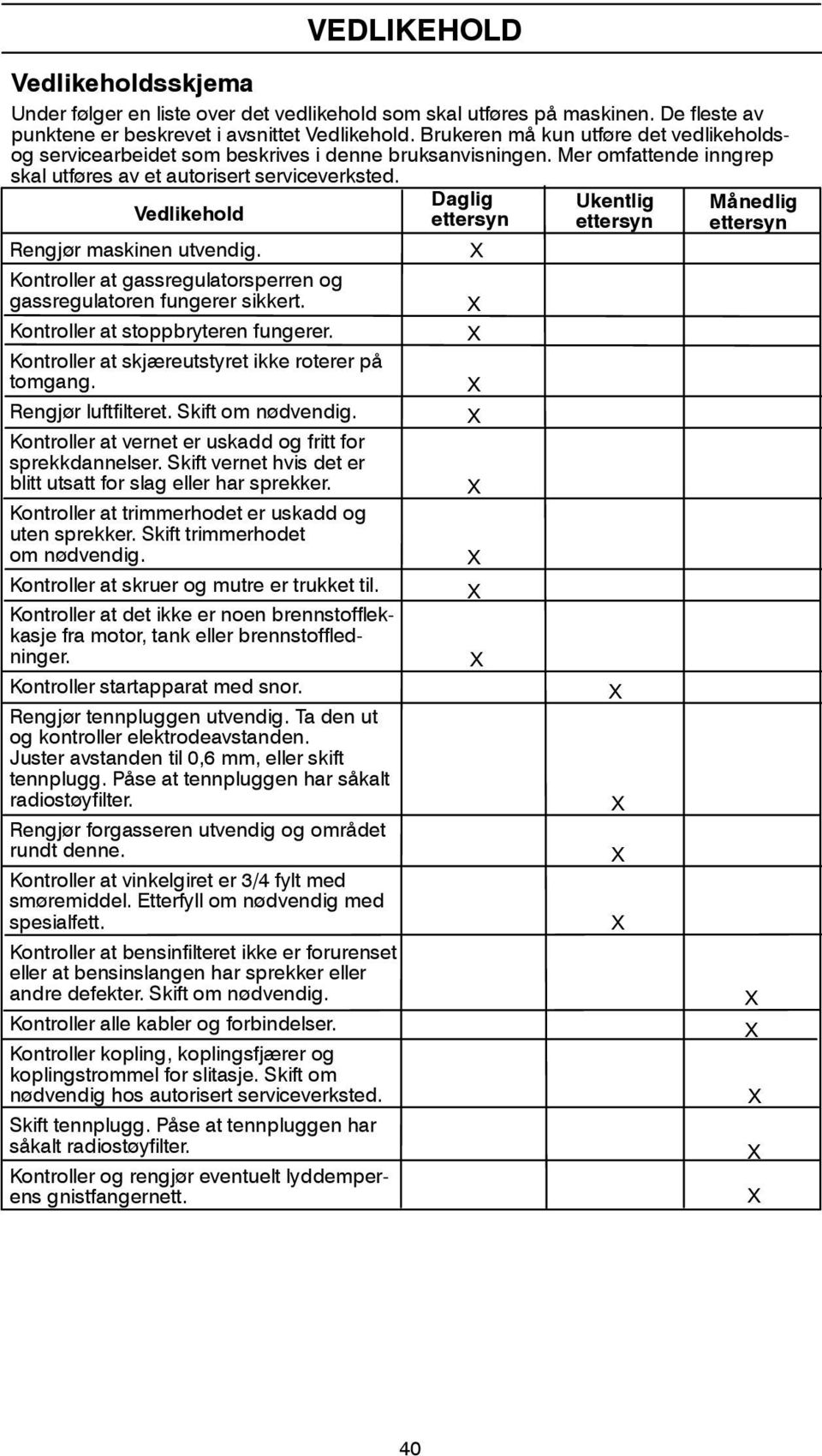 Vedlikehold Rengjør maskinen utvendig. Kontroller at gassregulatorsperren og gassregulatoren fungerer sikkert. Kontroller at stoppbryteren fungerer.