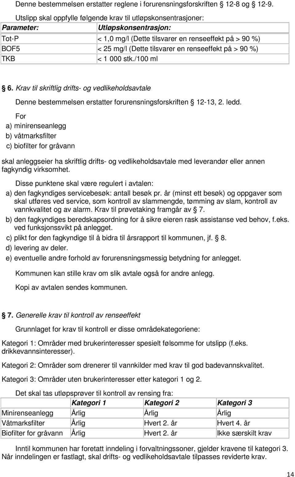 renseeffekt på > 90 %) TKB < 1 000 stk./100 ml 6. Krav til skriftlig drifts- og vedlikeholdsavtale Denne bestemmelsen erstatter forurensningsforskriften 12-13, 2. ledd.