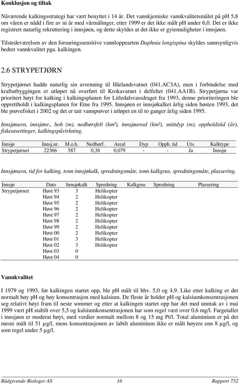 Tilstedeværelsen av den forsuringssensitive vannloppearten Daphnia longispina skyldes sannsynligvis bedret vannkvalitet pga. kalkingen.