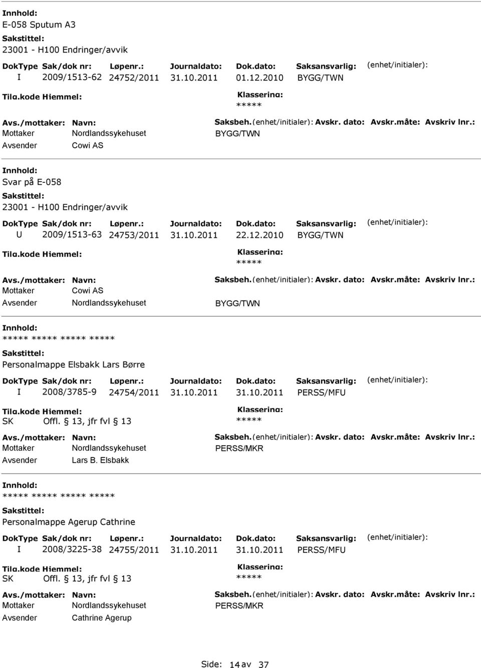 : Mottaker Cowi AS ersonalmappe Elsbakk Lars Børre 2008/3785-9 24754/2011 ERSS/MF SK Offl. 13, jfr fvl 13 Avs./mottaker: Navn: Saksbeh. Avskr. dato: Avskr.