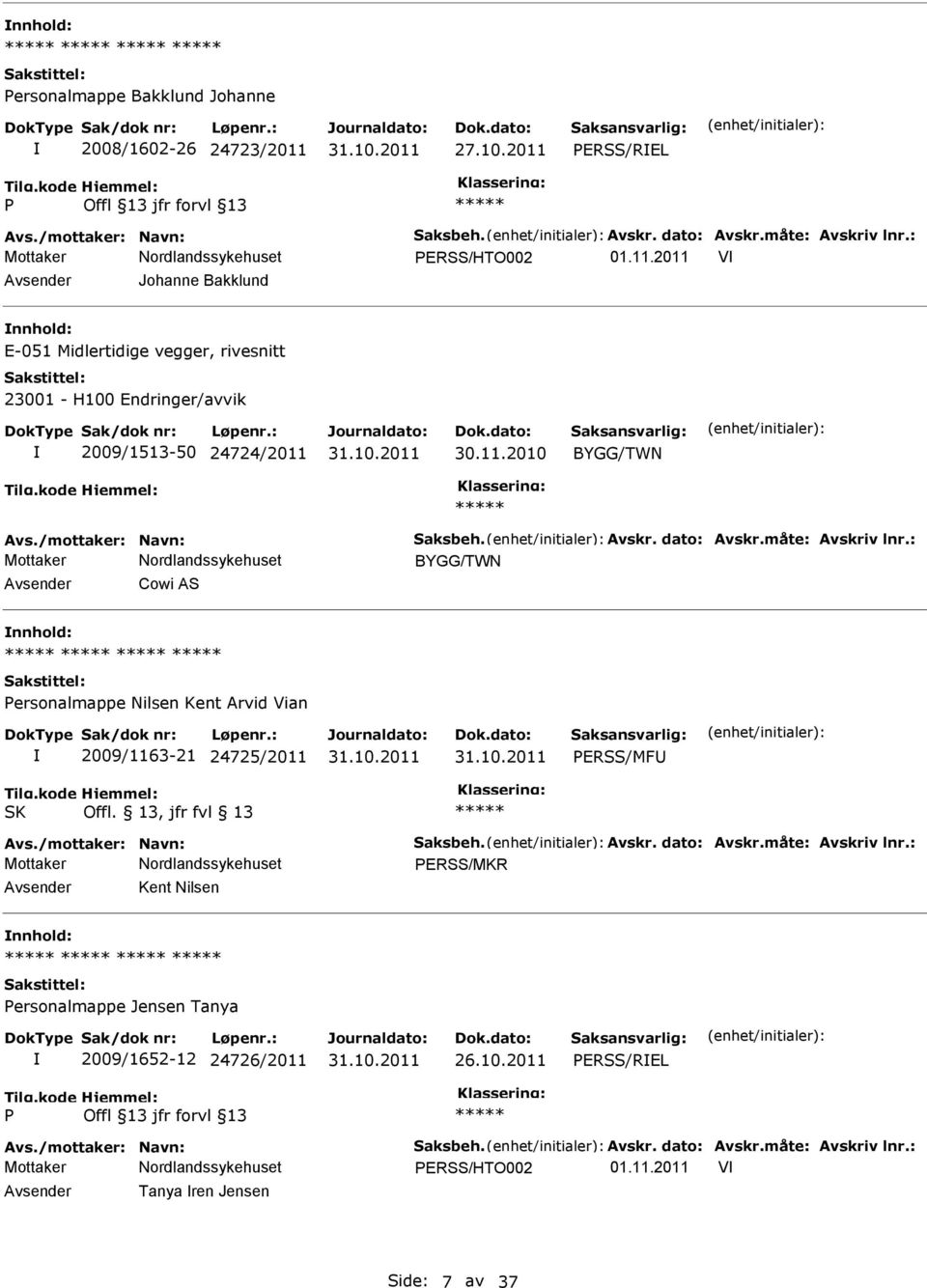 13, jfr fvl 13 Avs./mottaker: Navn: Saksbeh. Avskr. dato: Avskr.måte: Avskriv lnr.: ERSS/MKR Kent Nilsen ersonalmappe Jensen Tanya 2009/1652-12 24726/2011 26.10.