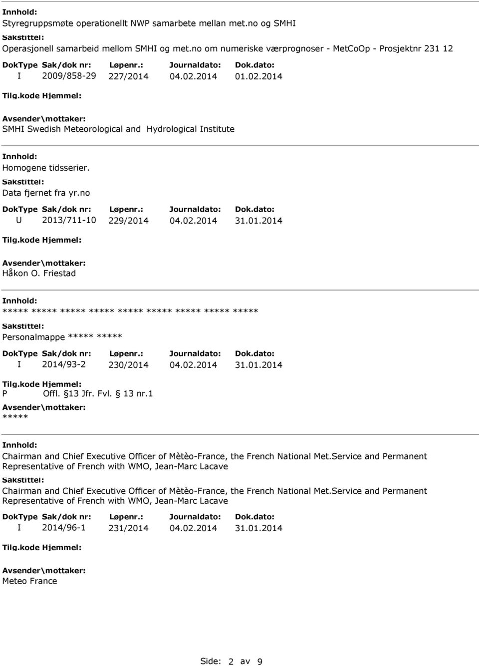 no 2013/711-10 229/2014 31.01.2014 Håkon O. Friestad ersonalmappe 2014/93-2 230/2014 31.01.2014 Chairman and Chief Executive Officer of Mètèo-France, the French National Met.