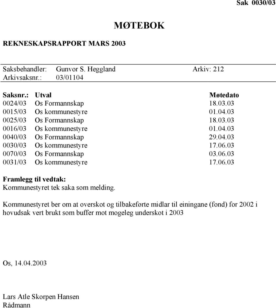 04.03 0030/03 Os kommunestyre 17.06.03 0070/03 Os Formannskap 03.06.03 0031/03 Os kommunestyre 17.06.03 Framlegg til vedtak: Kommunestyret tek saka som melding.