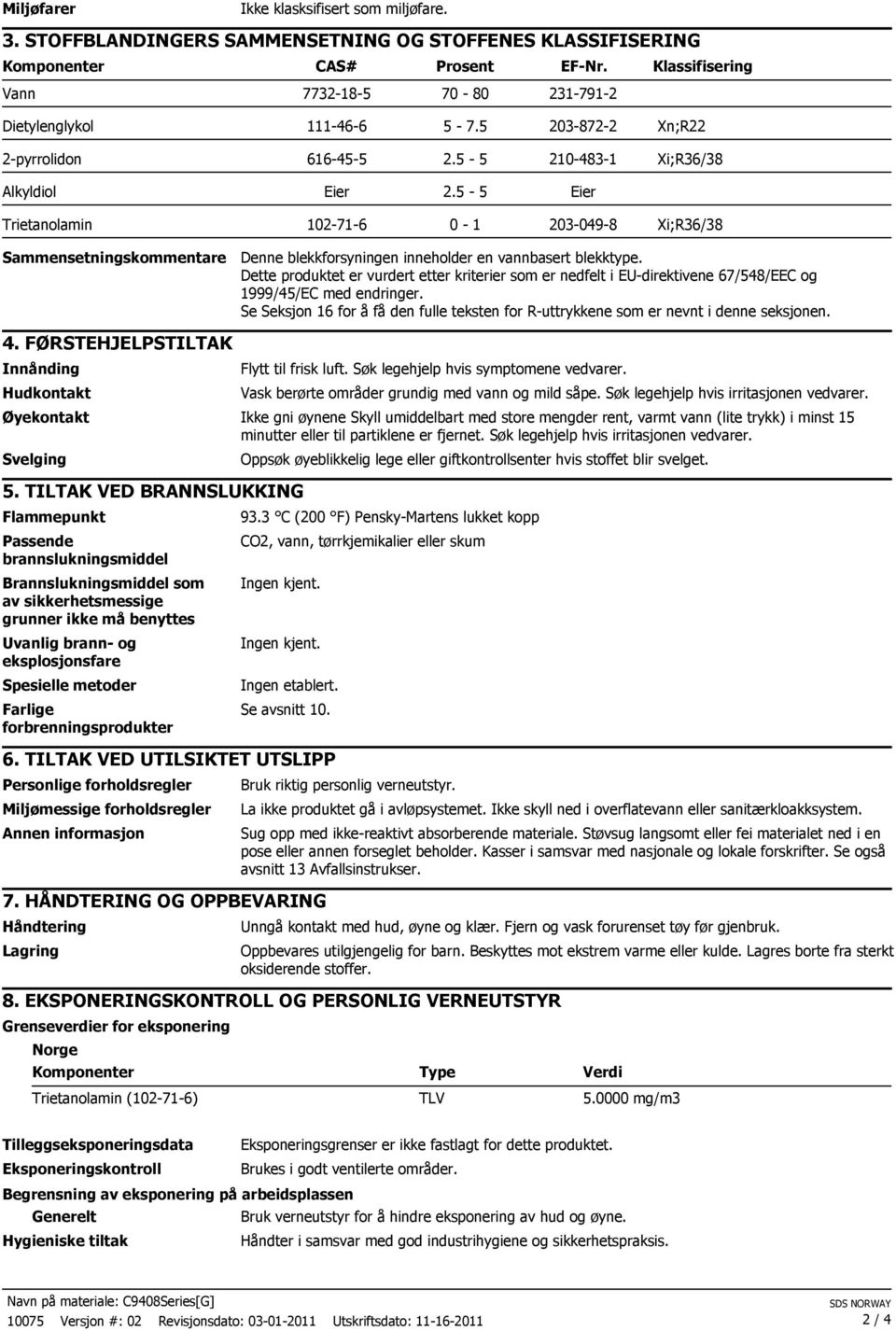 5-5 Eier Trietanolamin 102-71-6 0-1 203-049-8 Xi;R36/38 Sammensetningskommentarer Denne blekkforsyningen inneholder en vannbasert blekktype.