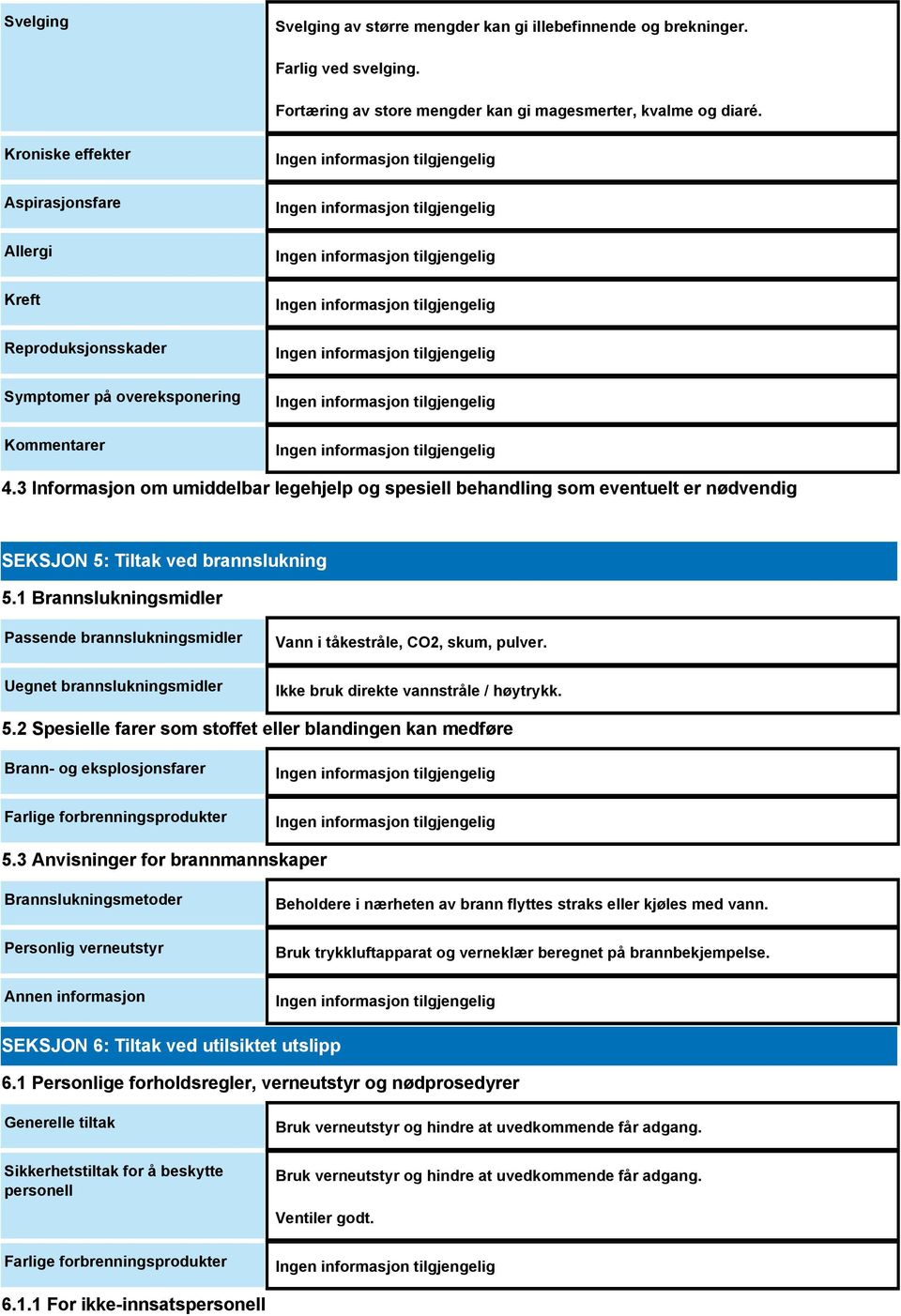3 Informasjon om umiddelbar legehjelp og spesiell behandling som eventuelt er nødvendig SEKSJON 5: Tiltak ved brannslukning 5.