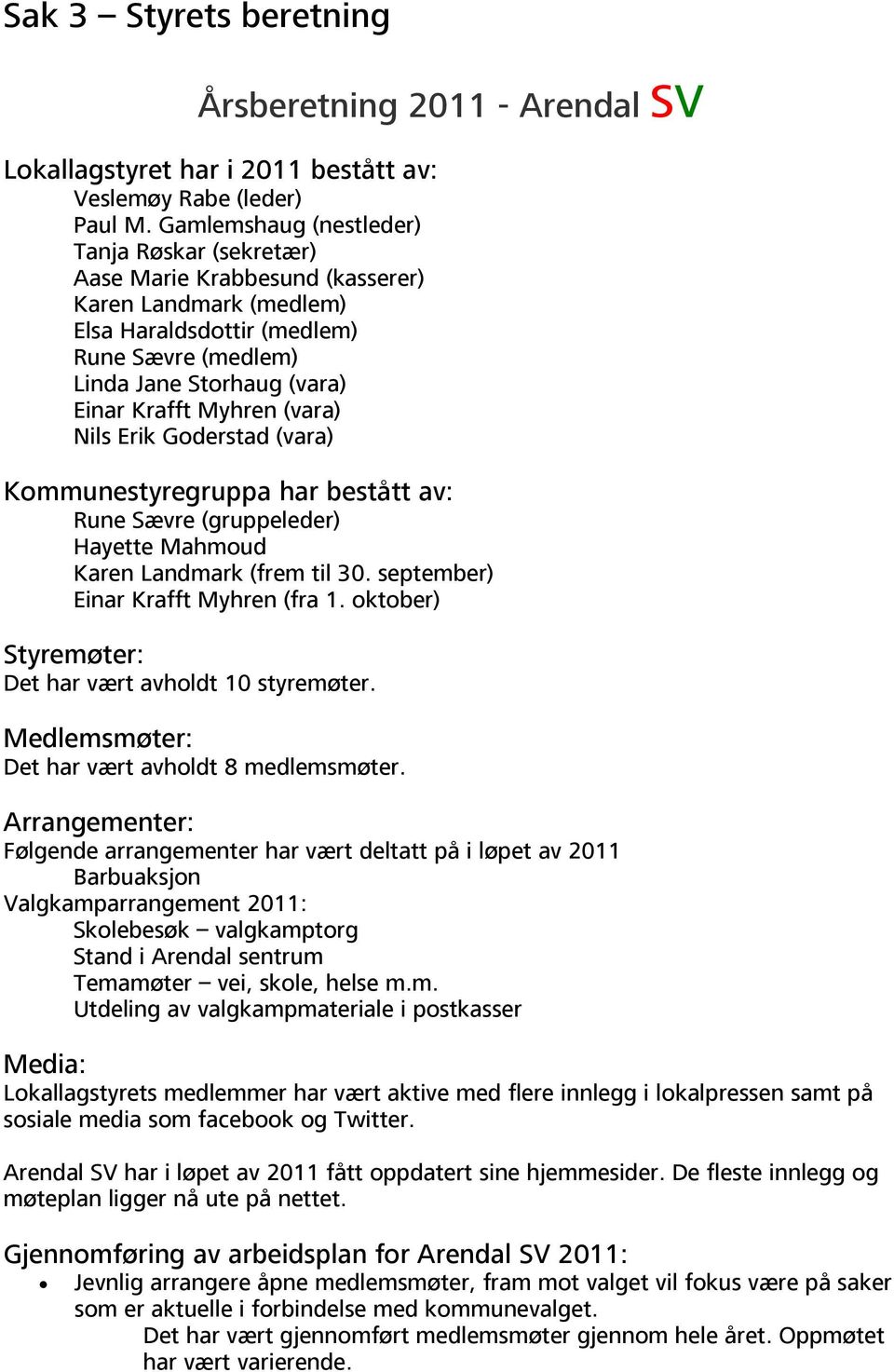 (vara) Nils Erik Goderstad (vara) Kommunestyregruppa har bestått av: Rune Sævre (gruppeleder) Hayette Mahmoud Karen Landmark (frem til 30. september) Einar Krafft Myhren (fra 1.