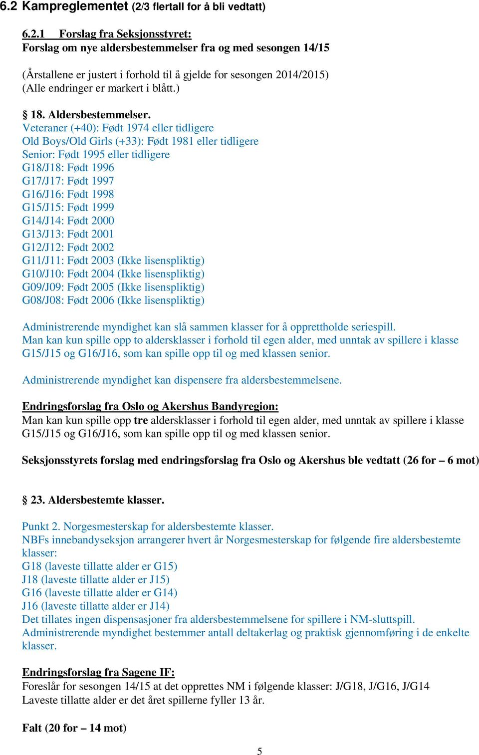 Veteraner (+40): Født 1974 eller tidligere Old Boys/Old Girls (+33): Født 1981 eller tidligere Senior: Født 1995 eller tidligere G18/J18: Født 1996 G17/J17: Født 1997 G16/J16: Født 1998 G15/J15: Født