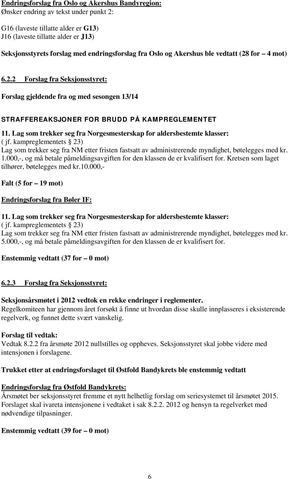 Lag som trekker seg fra Norgesmesterskap for aldersbestemte klasser: ( jf. kampreglementets 23) Lag som trekker seg fra NM etter fristen fastsatt av administrerende myndighet, bøtelegges med kr. 1.