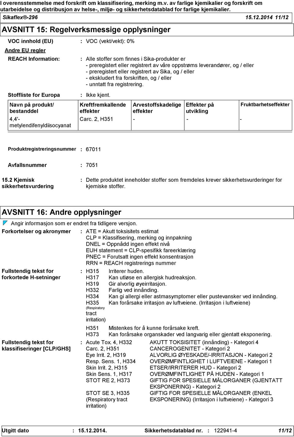 metylendifenyldiisocyanat Alle stoffer som finnes i Sika-produkter er - preregistert eller registrert av våre oppstrøms leverandører, og / eller - preregistert eller registrert av Sika, og / eller -