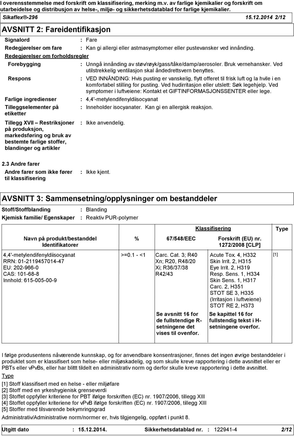 Restriksjoner på produksjon, markedsføring og bruk av bestemte farlige stoffer, blandinger og artikler Fare Kan gi allergi eller astmasymptomer eller pustevansker ved innånding.