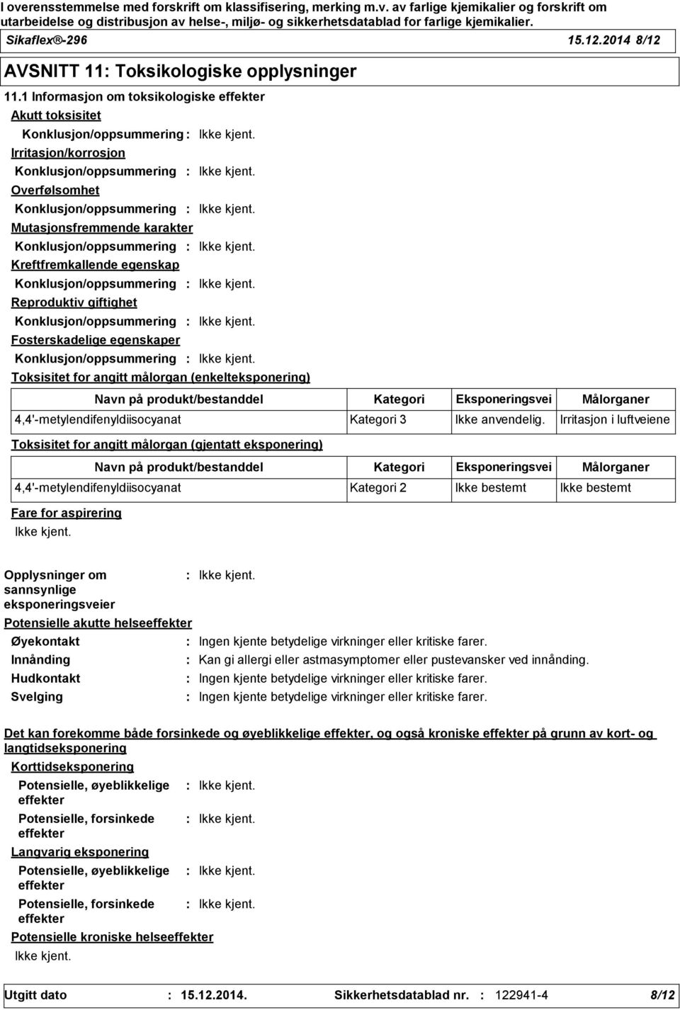 Konklusjon/oppsummering Kreftfremkallende egenskap Konklusjon/oppsummering Reproduktiv giftighet Konklusjon/oppsummering Fosterskadelige egenskaper Konklusjon/oppsummering Toksisitet for angitt