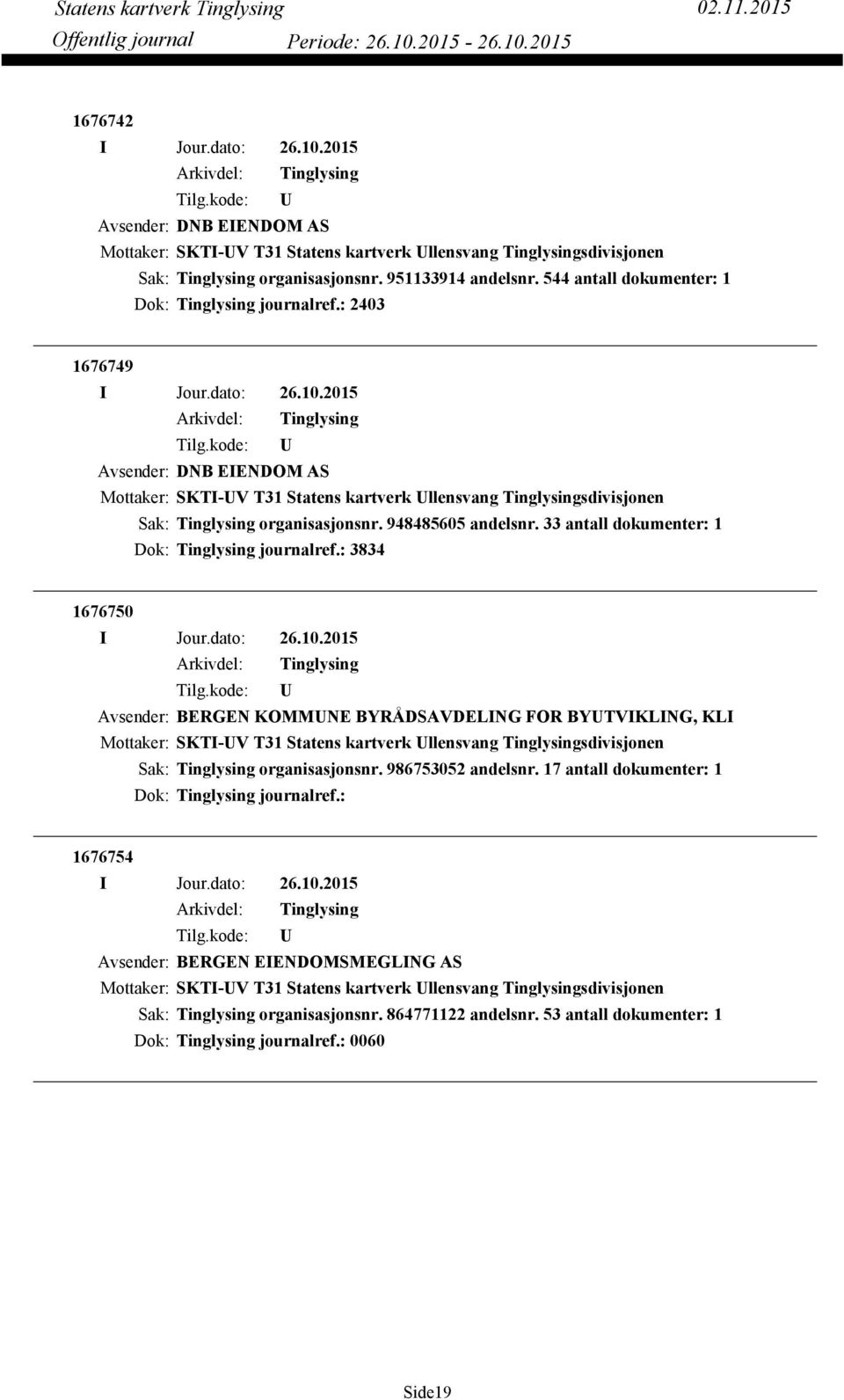 33 antall dokumenter: 1 Dok: journalref.: 3834 1676750 Avsender: BERGEN KOMMNE BYRÅDSAVDELING FOR BYTVIKLING, KLI Mottaker: SKTI-V T31 Statens kartverk llensvang sdivisjonen organisasjonsnr.