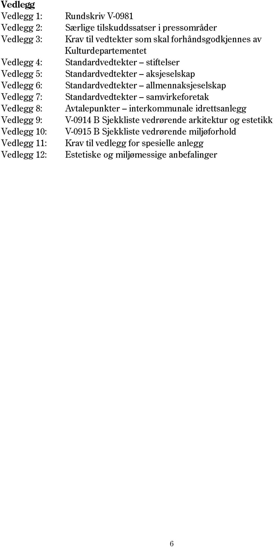 Vedlegg 7: Standardvedtekter samvirkeforetak Vedlegg 8: Avtalepunkter interkommunale idrettsanlegg Vedlegg 9: V-0914 B Sjekkliste vedrørende arkitektur og