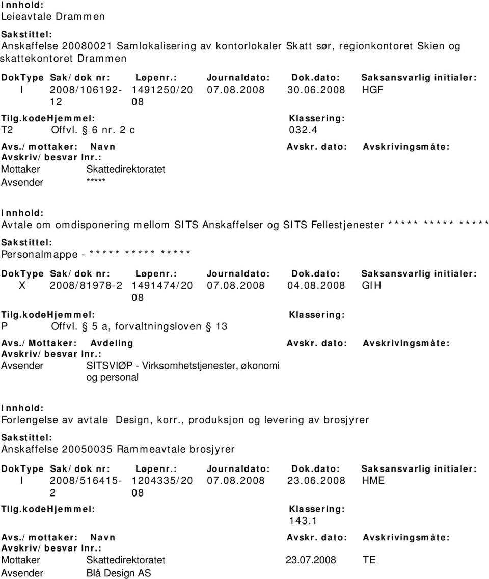 4 Mottaker Skattedirektoratet Avtale om omdisponering mellom SITS Anskaffelser og SITS Fellestjenester ***** ***** ***** Personalmappe - ***** ***** ***** X 2008/81978-2 1491474/20 07.08.2008 04.