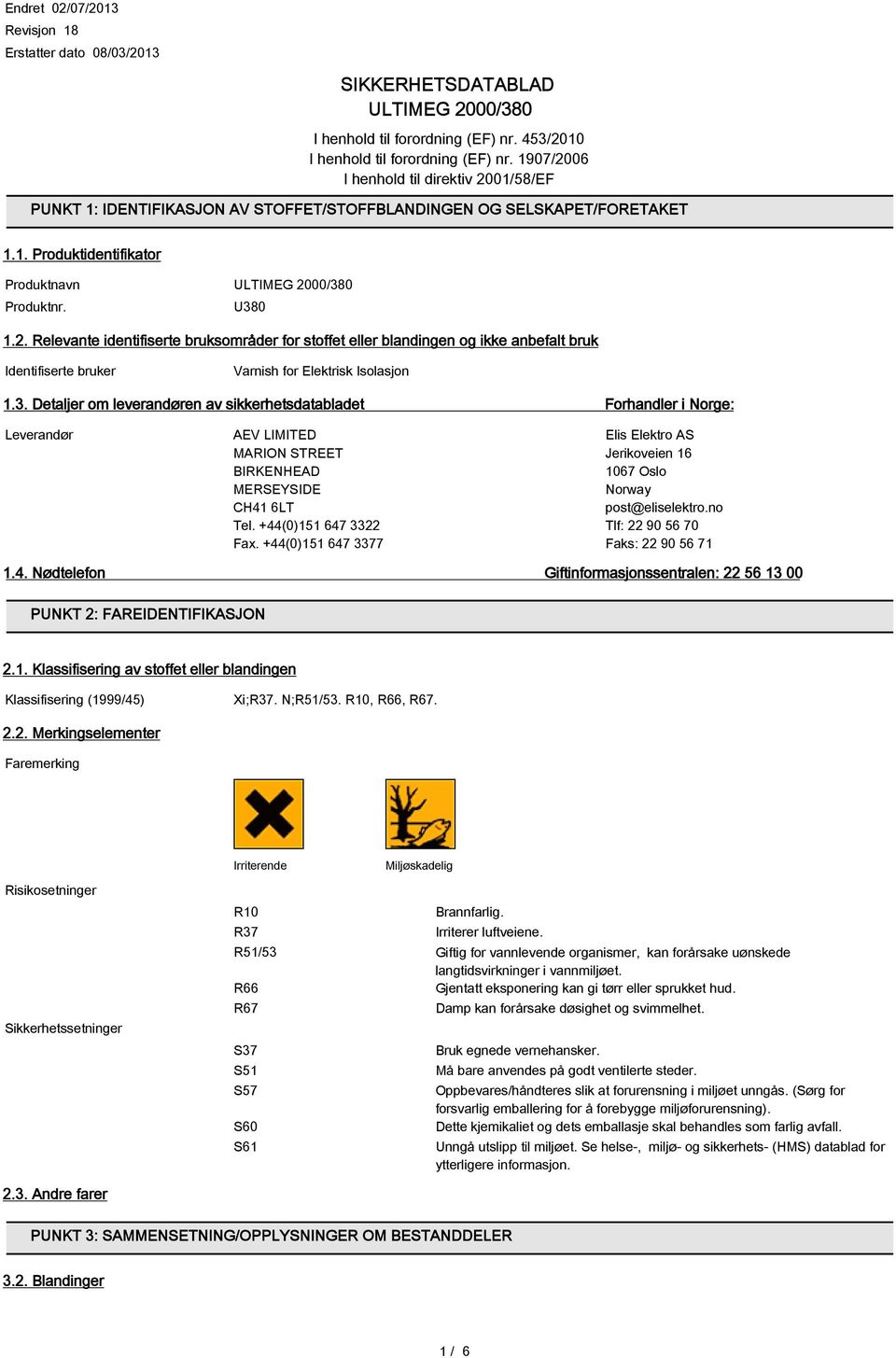 3. Detaljer om leverandøren av sikkerhetsdatabladet Forhandler i Norge: Leverandør AEV LIMITED Elis Elektro AS MARION STREET Jerikoveien 16 BIRKENHEAD 1067 Oslo MERSEYSIDE Norway CH41 6LT