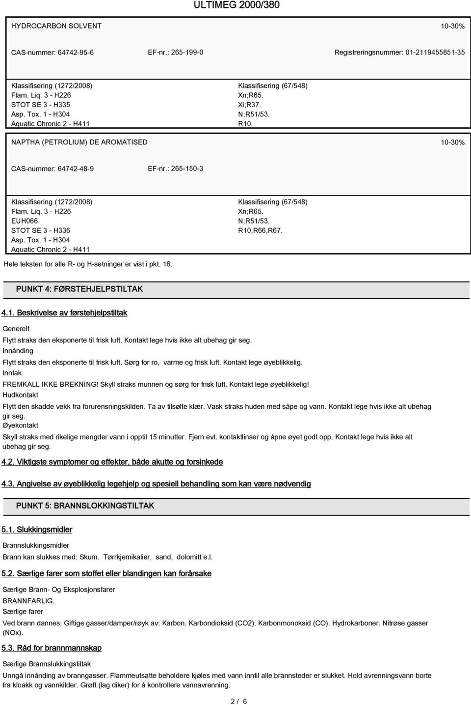 : 265-150-3 Klassifisering (1272/2008) Flam. Liq. 3 - H226 EUH066 STOT SE 3 - H336 Asp. Tox. 1 - H304 Aquatic Chronic 2 - H411 Klassifisering (67/548) Xn;R65. N;R51/53. R10,R66,R67.