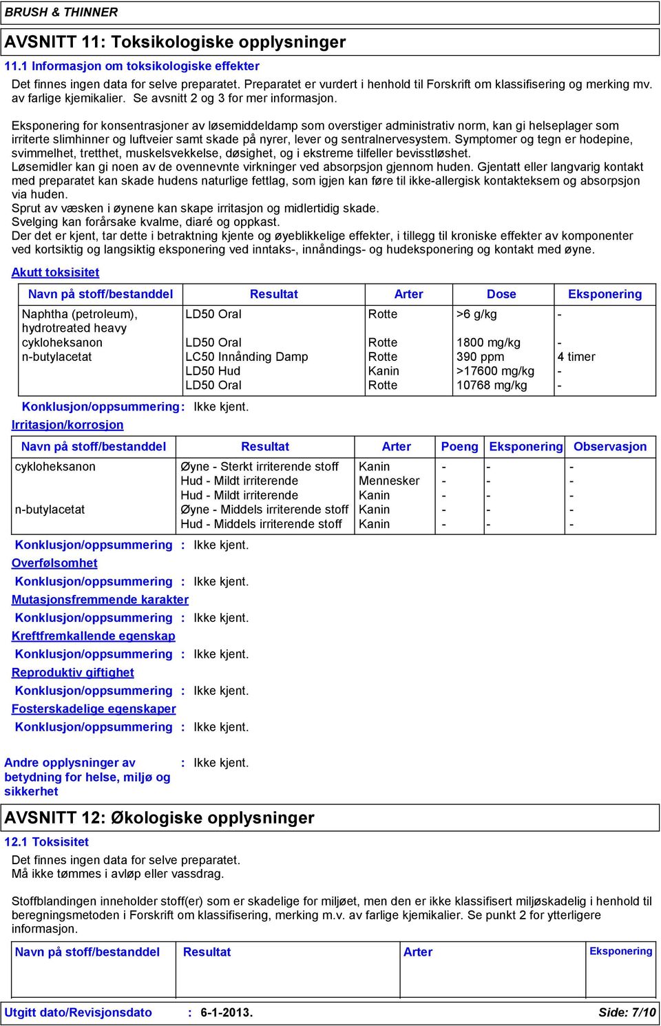 Eksponering for konsentrasjoner av løsemiddeldamp som overstiger administrativ norm, kan gi helseplager som irriterte slimhinner og luftveier samt skade på nyrer, lever og sentralnervesystem.