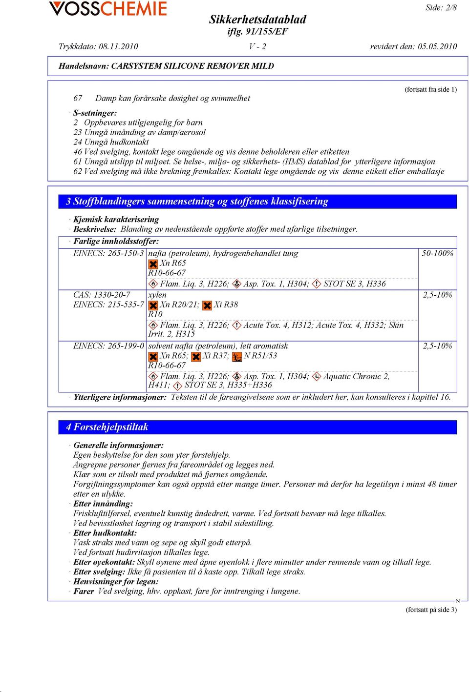 Se helse-, miljø- og sikkerhets- (HMS) datablad for ytterligere informasjon 62 Ved svelging må ikke brekning fremkalles: Kontakt lege omgående og vis denne etikett eller emballasje 3 Stoffblandingers