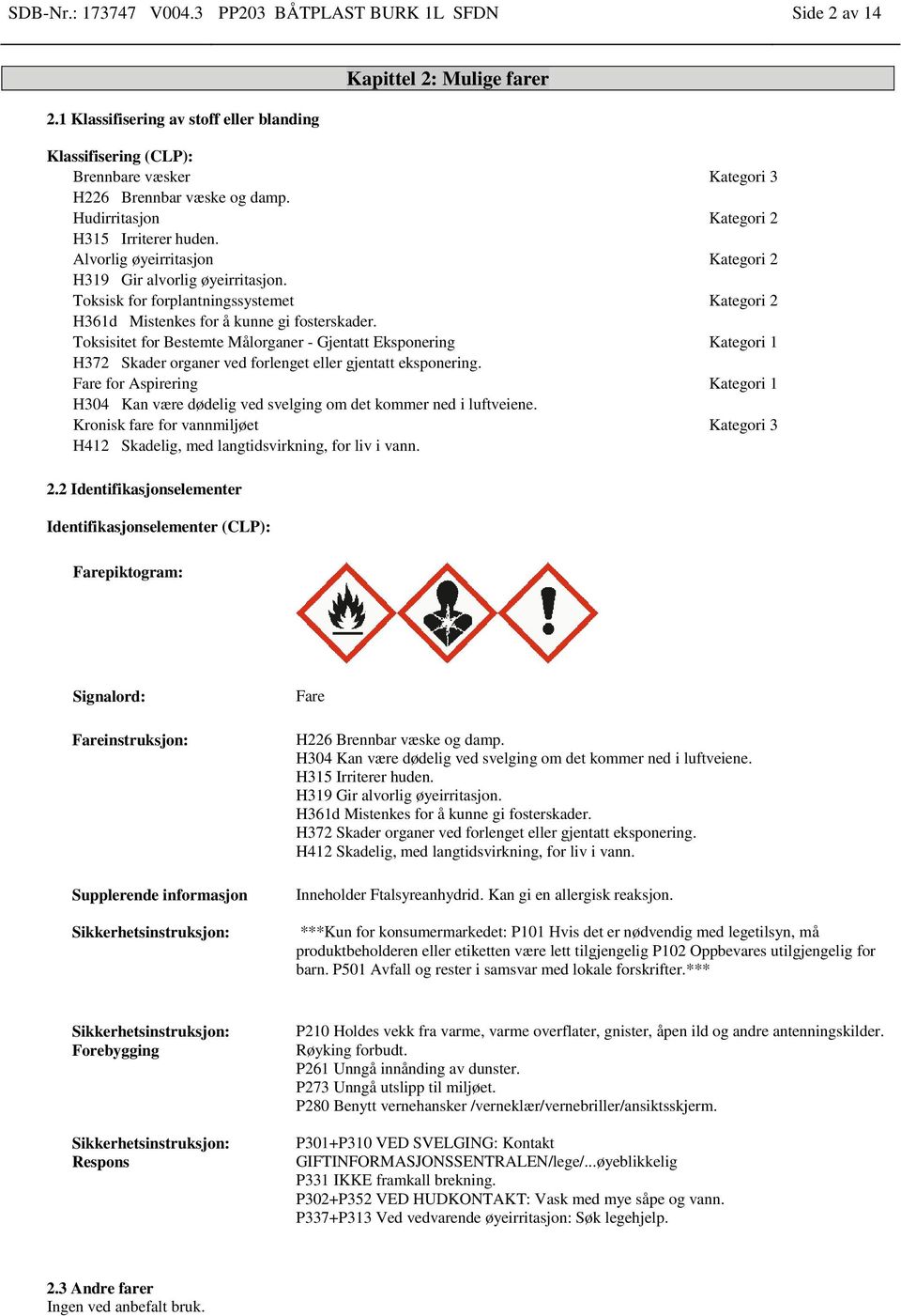 Alvorlig øyeirritasjon Kategori 2 H319 Gir alvorlig øyeirritasjon. Toksisk for forplantningssystemet Kategori 2 H361d Mistenkes for å kunne gi fosterskader.