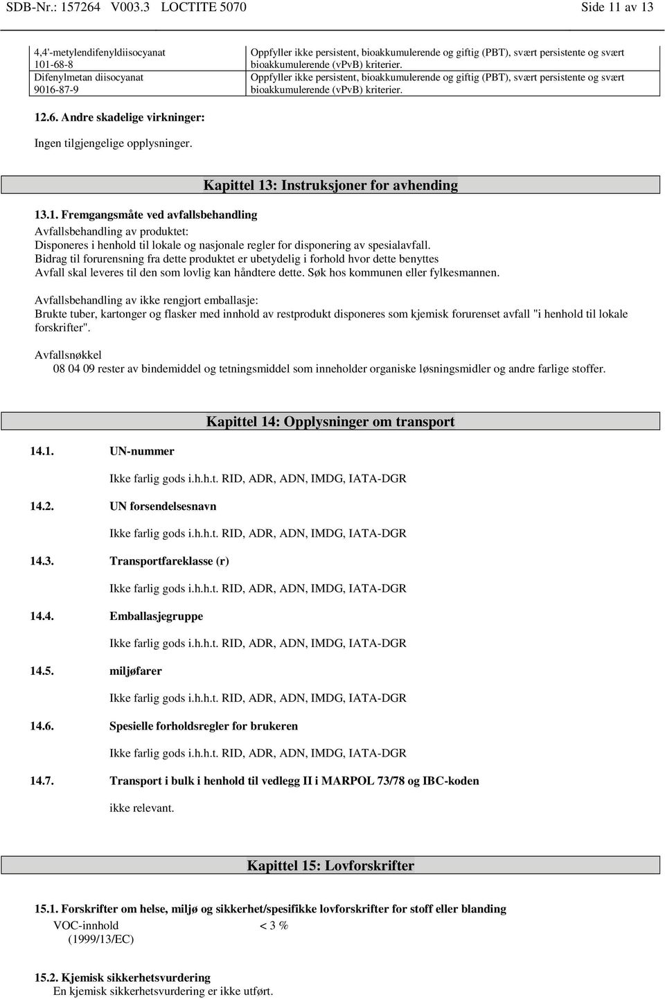 Kapittel 13: Instruksjoner for avhending 13.1. Fremgangsmåte ved avfallsbehandling Avfallsbehandling av produktet: Disponeres i henhold til lokale og nasjonale regler for disponering av spesialavfall.