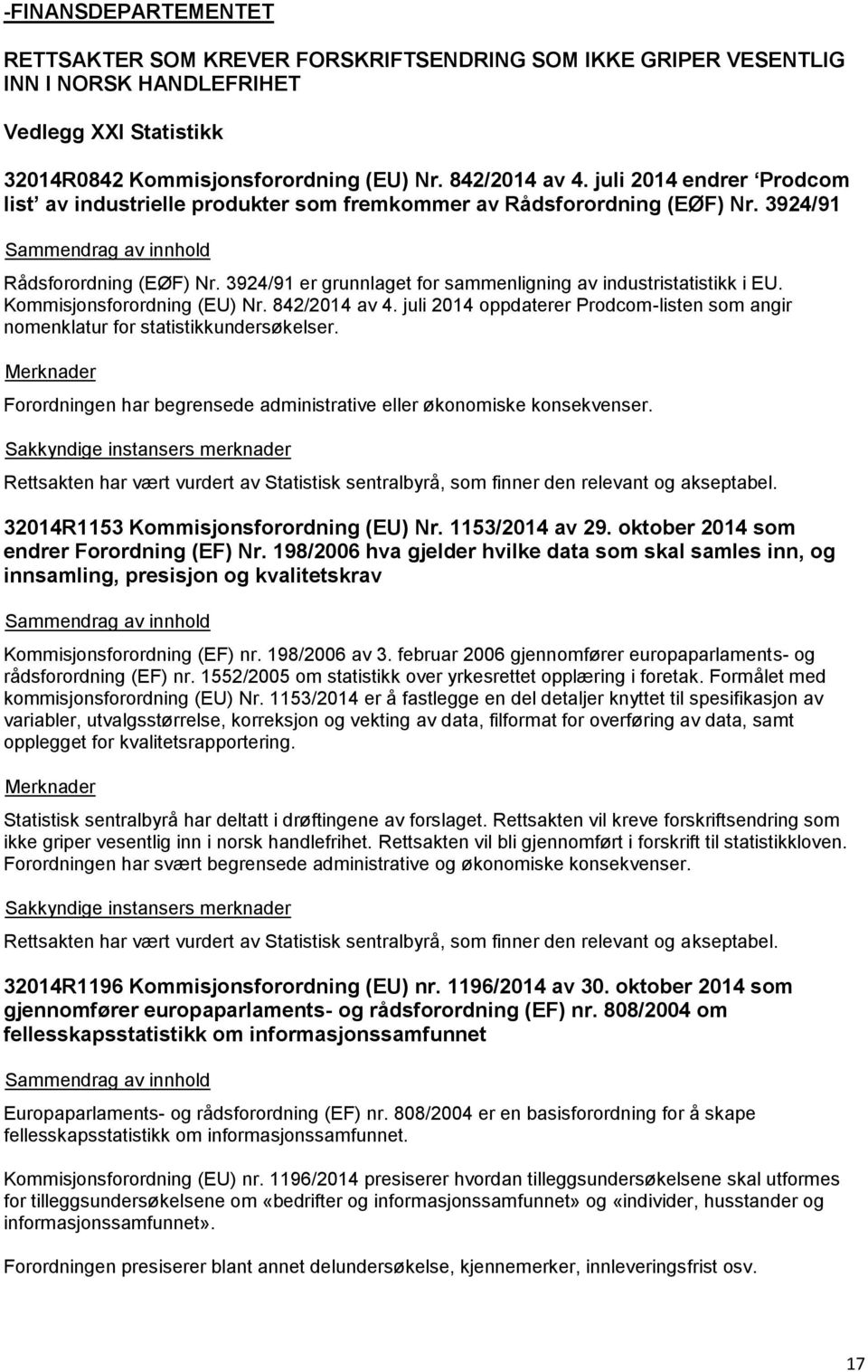 Kommisjonsforordning (EU) Nr. 842/2014 av 4. juli 2014 oppdaterer Prodcom-listen som angir nomenklatur for statistikkundersøkelser.