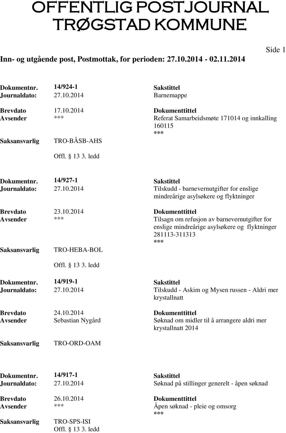 2014 Tilskudd - barnevernutgifter for enslige mindreårige asylsøkere og flyktninger Avsender Tilsagn om refusjon av barnevernutgifter for enslige mindreårige asylsøkere og flyktninger 281113-311313