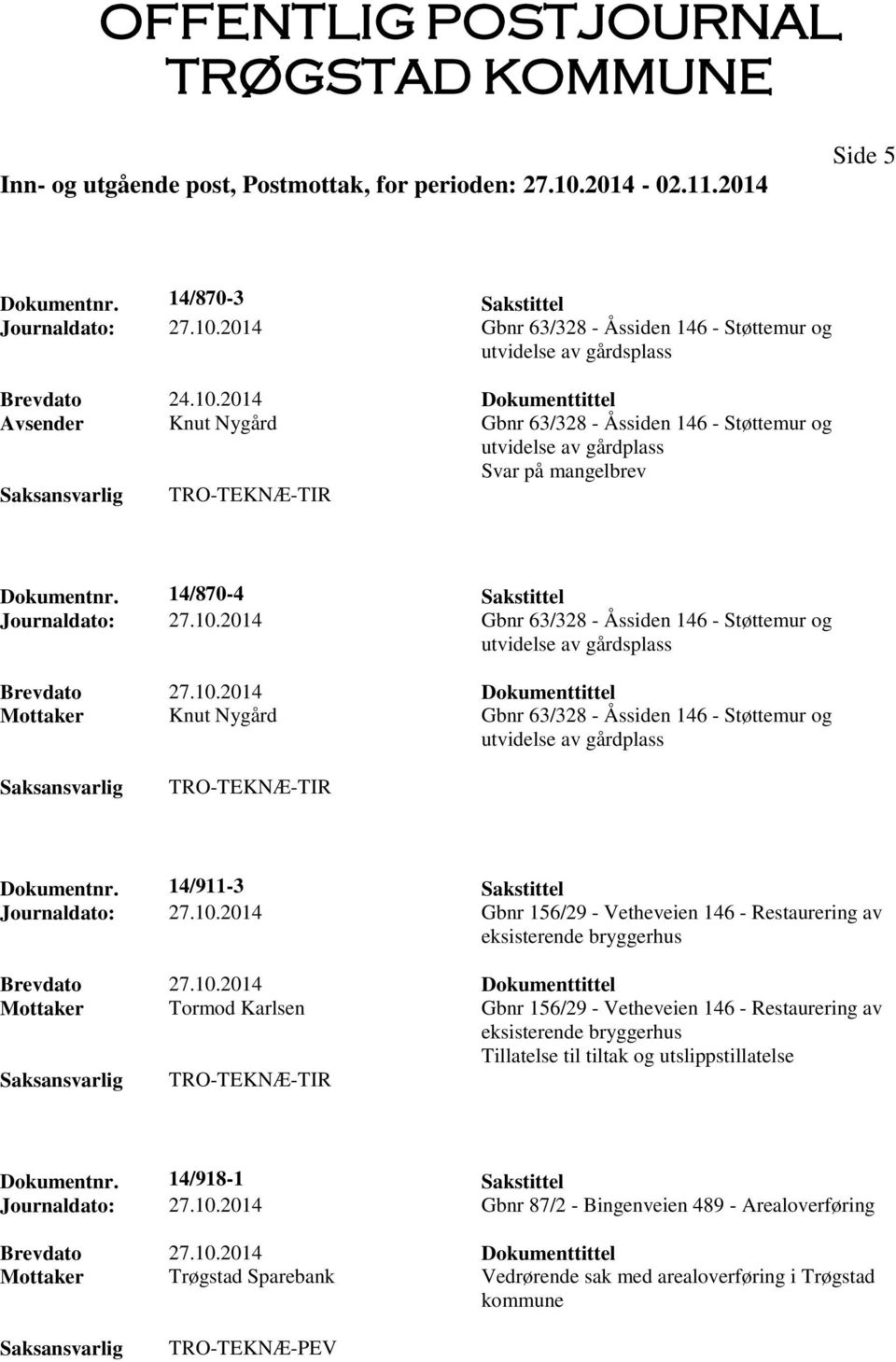 2014 Gbnr 63/328 - Åssiden 146 - Støttemur og utvidelse av gårdsplass Mottaker Knut Nygård Gbnr 63/328 - Åssiden 146 - Støttemur og utvidelse av gårdplass Dokumentnr.