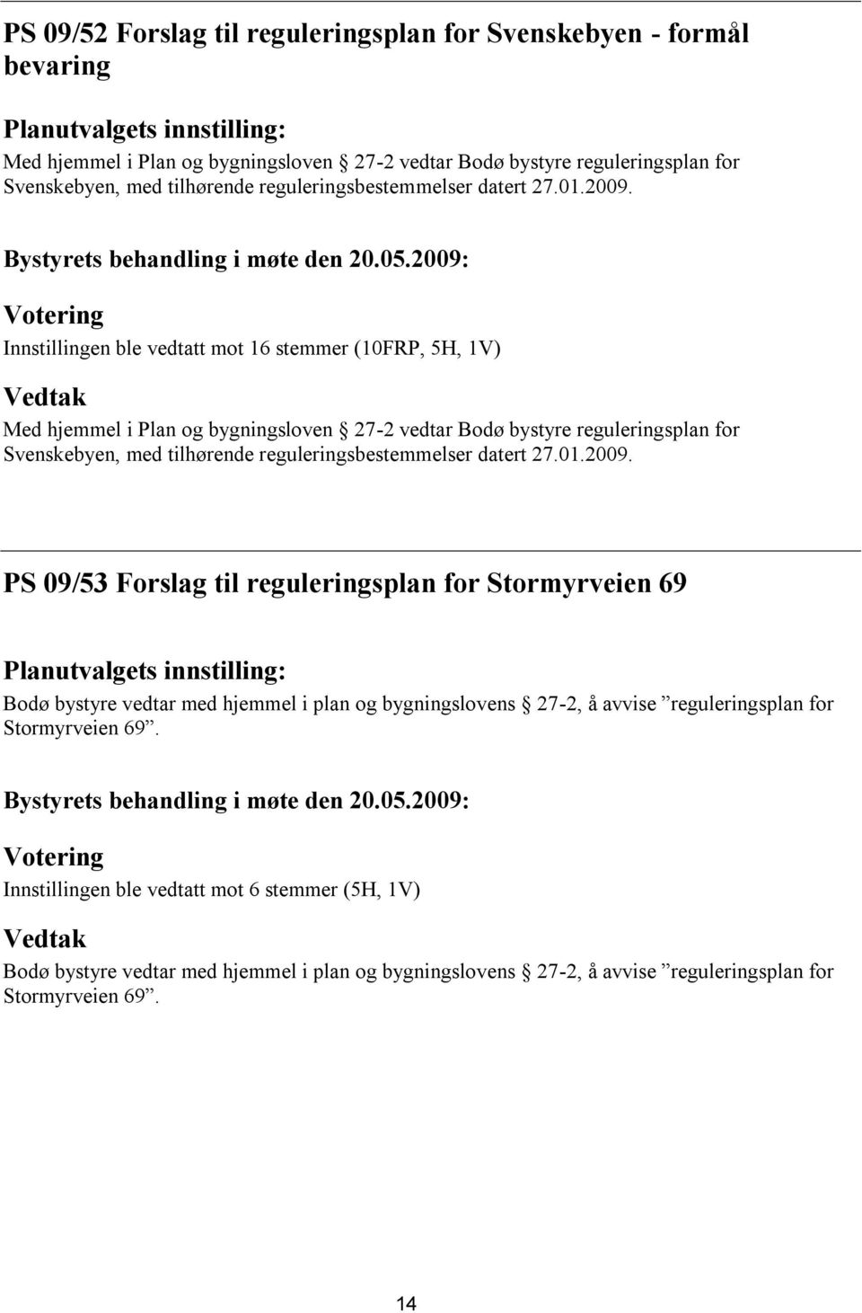 Innstillingen ble vedtatt mot 16 stemmer (10FRP, 5H, 1V) Med hjemmel i Plan og bygningsloven 27-2 vedtar Bodø bystyre reguleringsplan for Svenskebyen, med  PS 09/53 Forslag til reguleringsplan for