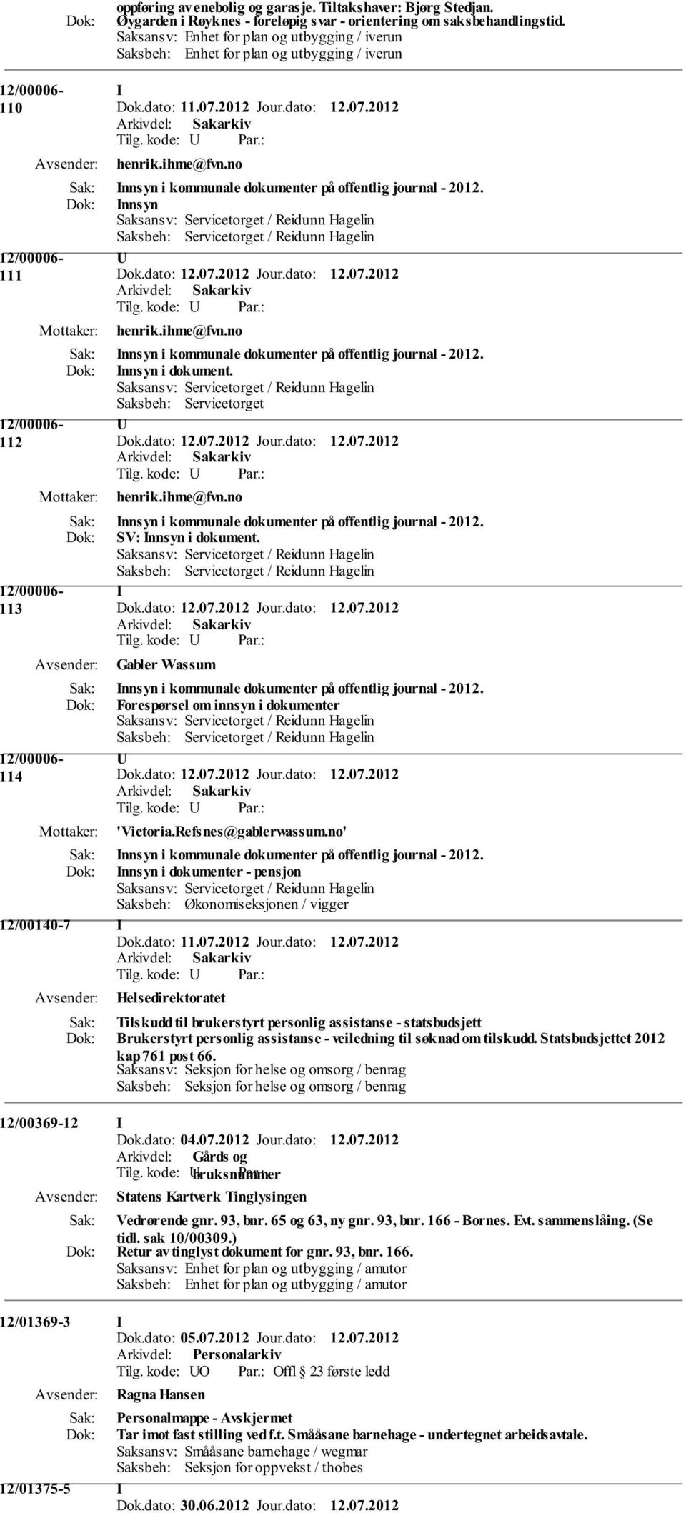 Saksbeh: Servicetorget 112 113 114 Mottaker: U henrik.ihme@fvn.no Innsyn i kommunale dokumenter på offentlig journal - 2012. SV: Innsyn i dokument.