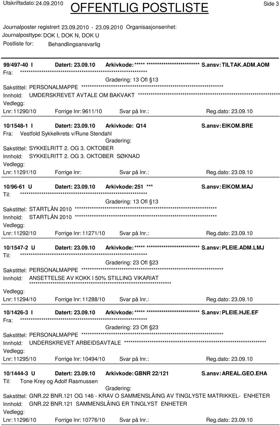 ansv: EIKOM.BRE Fra: Vestfold Sykkelkrets v/rune Stendahl Sakstittel: SYKKELRITT 2. OG 3. OKTOBER Innhold: SYKKELRITT 2. OG 3. OKTOBER SØKNAD Lnr: 11291/10 Forrige lnr: Svar på lnr.: Reg.dato: 23.09.