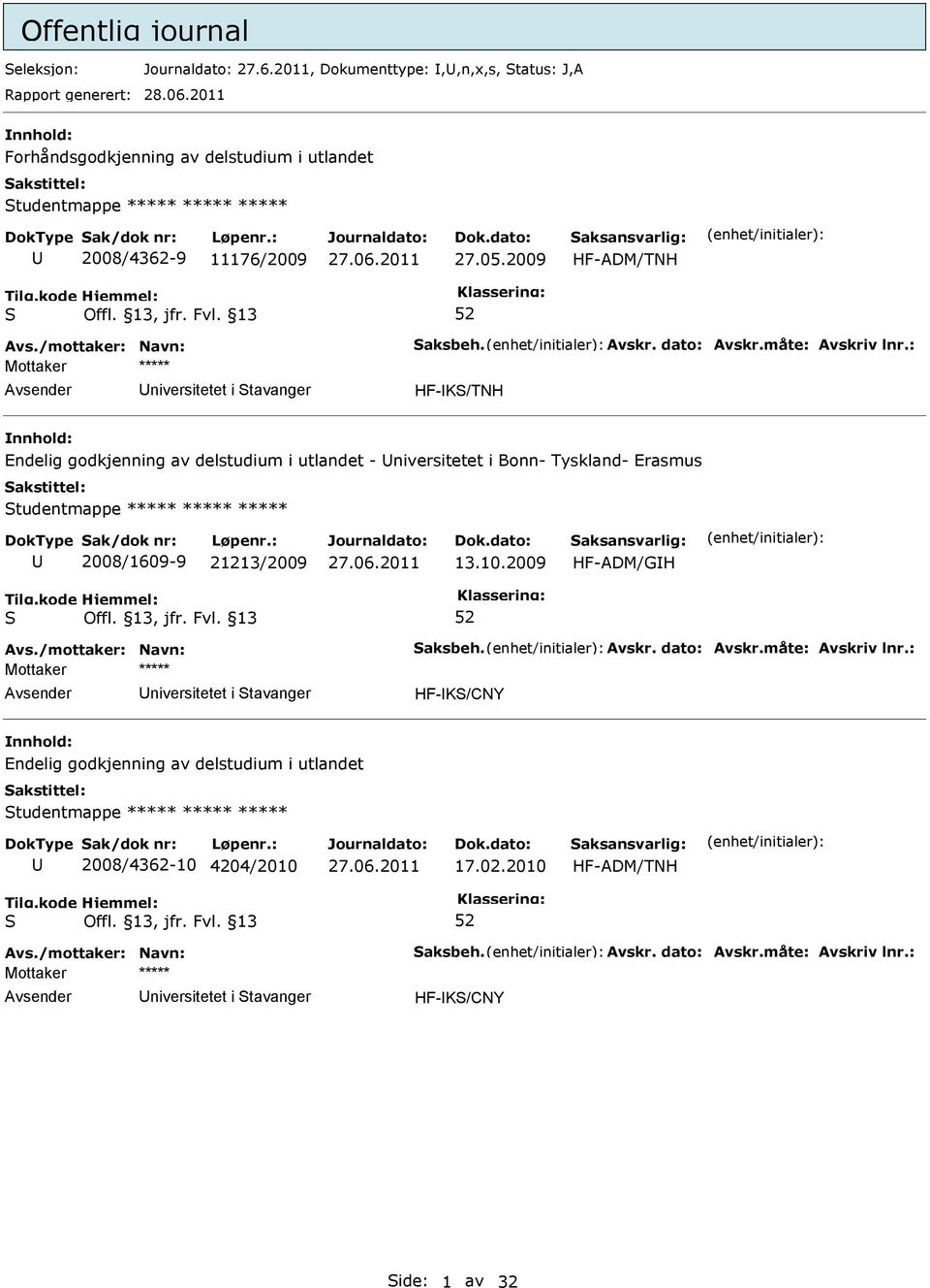 2009 HF-ADM/TNH niversitetet i tavanger HF-K/TNH Endelig godkjenning av delstudium i utlandet - niversitetet i Bonn- Tyskland- Erasmus tudentmappe *****